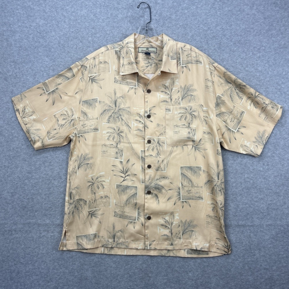 Tommy Bahama Shirt Mens Medium Peach Hawaiian Tropical Postcard Resort Camp Loop